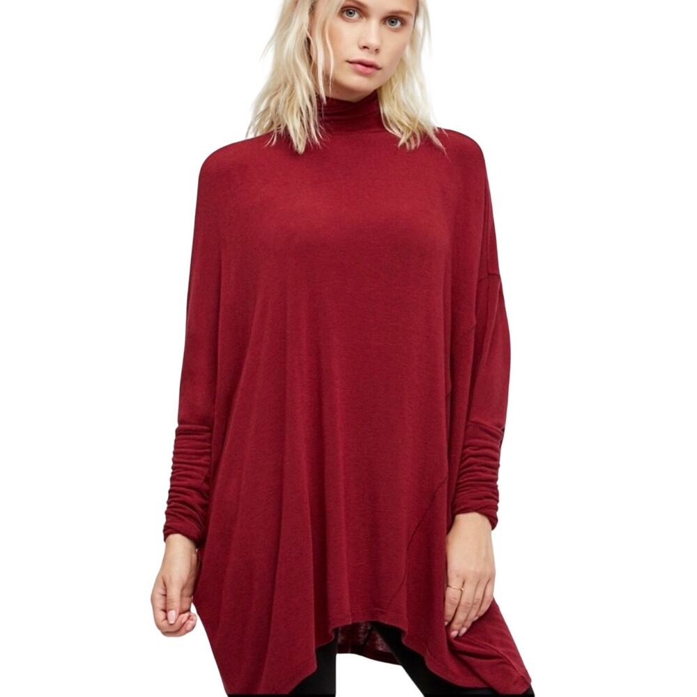 We The Free Free People Oversized Mock Neck Tunic, Lagenlook, Burgundy, Large